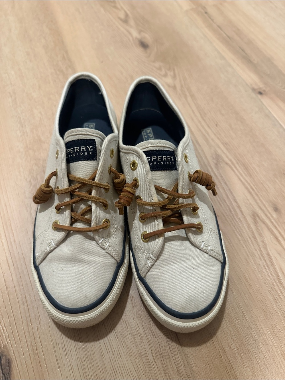 Sperry Men’s Beige Canvas Boat Shoes with Brown Laces